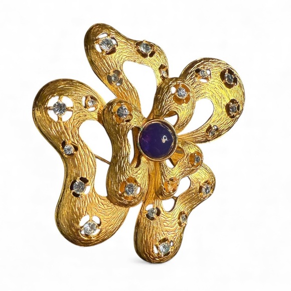 Vintage IVANA Gold Statement Brooch w/ Blue Cabochon & Rhinestones (1980s/90s) - Picture 3 of 6